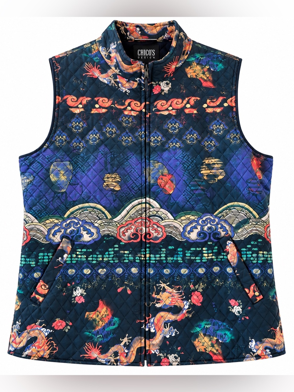 Chico’s Design Silk Quilted Dragon Art Print Vest Size 3 Wearable Art